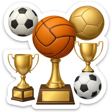 a basketball, soccer ball, volleyball, and a football all mixed with a trophy sticker