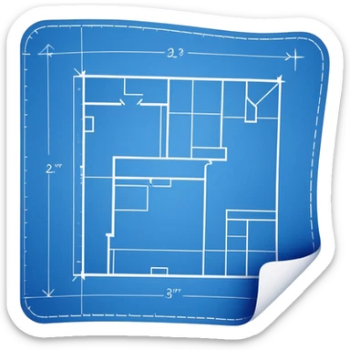 side view of a blue blueprint plan with white lines and a curled corner sticker