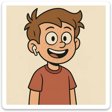 Add freckles to the boy's face and one AirPod in his right ear, keep the cartoon style consistent with flat toon style. sticker