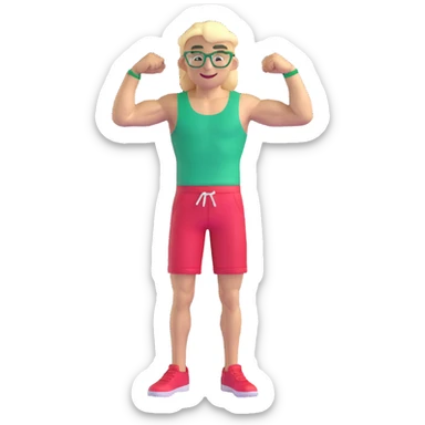 Scrawny thin man with black and white cap, skinny bare torso, red shorts, clear glasses, messy light blond mullet hairstyle, smiling and flexing small muscles sticker