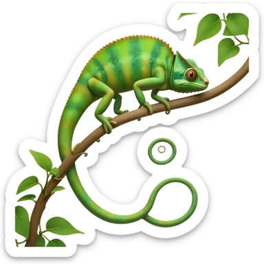 cinematic-chameleon-realistic-full-body-climbing-emoji,-slender-body-gripping-a-twisting-vine-with-prehensile-feet,-scaly-green-skin-shifting-shades-with-its-environment,-large-bulging-eyes-rotating-independently,-delicate-coiled-tail-curling-behind,-long-tongue-slightly-protruding-as-if-ready-to-strike,-simplified-yet-realistic-focused-features,-highly-detailed,-glowing-with-an-ethereal-forest-light sticker