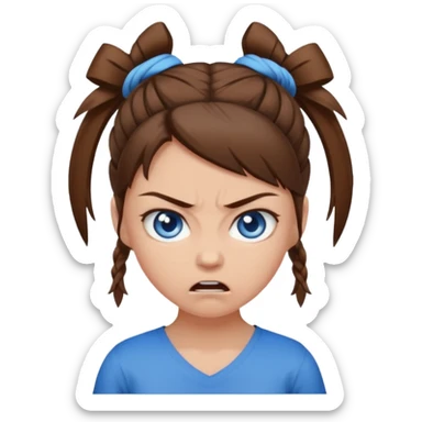 girl with blue eyes, brown hair tied up, angry sticker