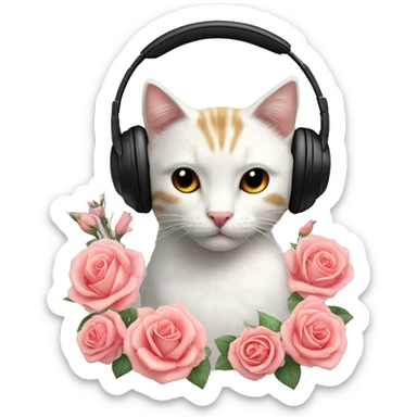 Ramo de flores rosas y junto a un gato con auriculares sticker