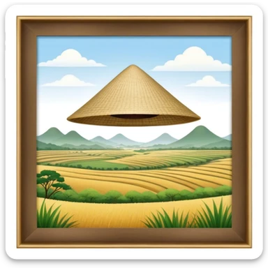 Cinematic Realistic image of an iconic conical hat (Nón Lá), rendered with detailed textures and subtle natural hues, set against a serene rural Vietnamese landscape with gentle, diffused lighting sticker