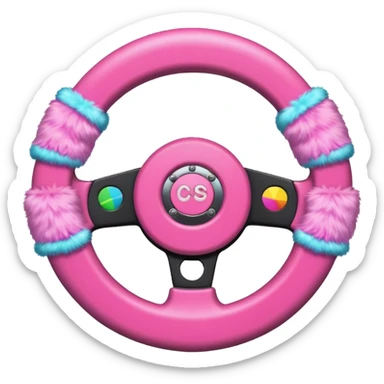 steering wheel with transgender pride flag colors and strifes , with fluffy pink handcuffs sticker