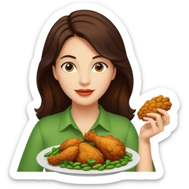 Mujer de pelo cafe oscuro y largo, y tez blanca disfrutando de un pollo frito con frijoles sticker