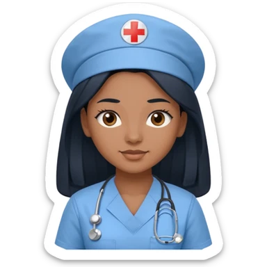 pretty brown skin nurse with long black hair and slanted brown eyes in light blue scrubs sticker