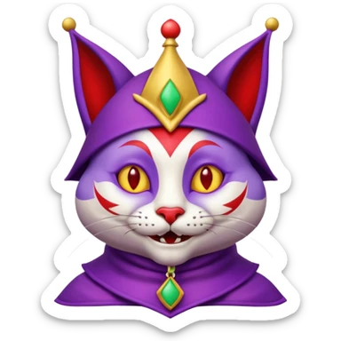 crazy colorful cute little cat jolly joker from poker, medieval, vintage, court jester, mac os icon, purple, gold and red color, half body. Squared shape as 3D mac os icon sticker