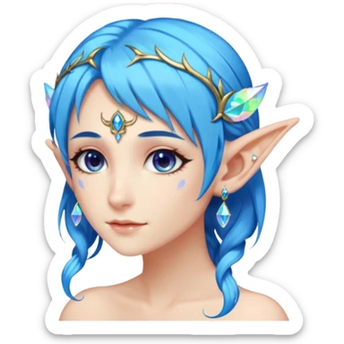 portrait of blue haired Elvish fae shiny sparkly iridescent translucent diaphanous ear climber ear cuff sticker