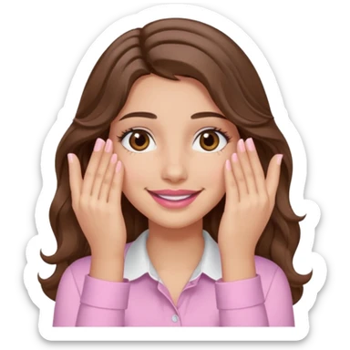 girl with wavy long brown hair, brown eyes, light to medium complexion, long lashes, light pink lipstick, wearing light pink shirt, smiling, hands covering over the eyes sticker