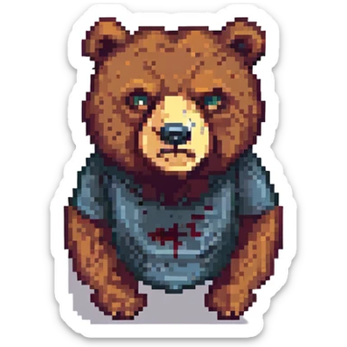pixel art of a bear with a menacing expression, facial wound, looks like a thug sticker