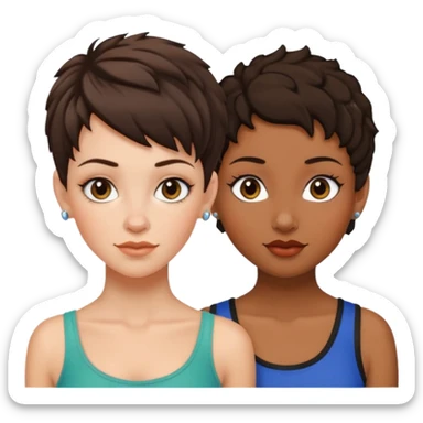 white woman brunette with a pixie hairstyle and black woman with locks and a piercing on the nose sticker