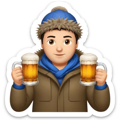 big slavic guy sitting in yoga pose, spiky short dark hair, holding beer mugs in two hands, winter dressed sticker