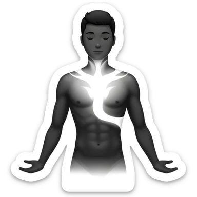 minimalist b&w male silhouette with flowing black-and-white curves across the lower body, now overlaid with a small, softly glowing spark or radiant light near the chest or head — symbolizing inspiration, inner fire, and creative energy awakening” sticker