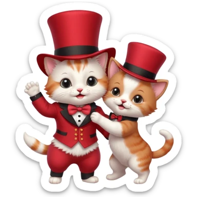 Steampunk:a very cute and adorable anthropomorphic baby cat with a red top hat is dancing with a puppy sticker