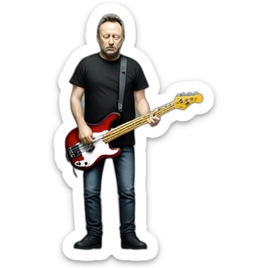 photo realistic Peter Hook from Joy Division, playing black bass guitar, standing, full body, front view sticker