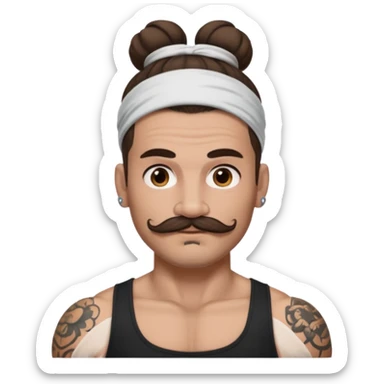 single big bun brunette hair man and mustache and face tattoos very heavy and headband sticker