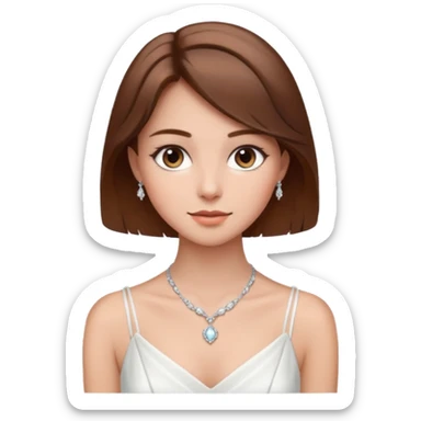 a middle brown hair girl with elegant white dress, wearing necklace, wearing makeup sticker