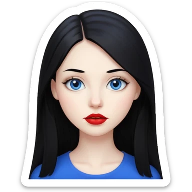 20 yr old woman long straight black hair, pale skin, blue eyes, red lipstick sticker