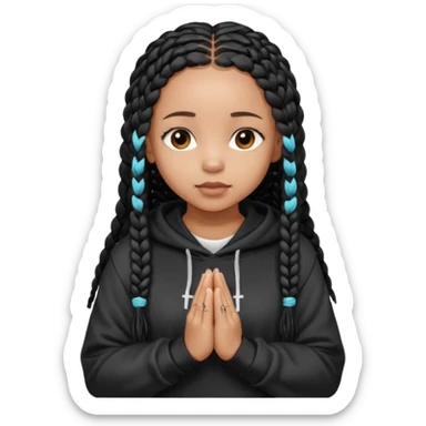 African American girl light skin with long black box braids and plain black hoodie with prayer hands sticker