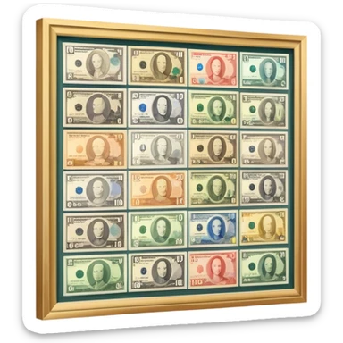 Icon for Banknote Collecting: old and new banknotes from different countries such as Euro, Dollar, Yen, Krona, Yuan, and others, displayed in frames on a wall. The icon should evoke the diversity and richness of currency collection. Transparent background. sticker