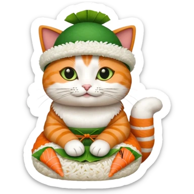 cat with its paws crossed wearing a hat made out of sushi sticker