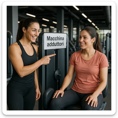 realistic scene of a female personal trainer pointing to the adductor machine to a female client, both in sportswear, motivated expressions, Italian sign 'Adductor machine' clearly visible, guiding atmosphere, detailed, modern gym background, 4K quality sticker