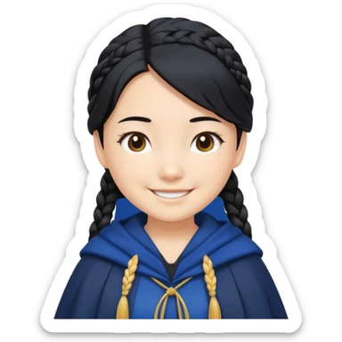 braid black hair, white asian girl, dark blue cloak, happy smaile sticker