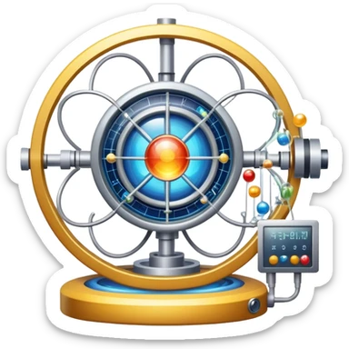 An icon featuring a large particle collider, atom symbols, and energy waves, symbolizing the field of physics. The design includes a lab setup with scientific equipment, representing experiments and fundamental forces of nature. Transparent background highlights the exploration of matter and energy. sticker
