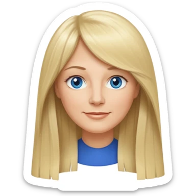 45 yr old white woman, curtain bangs, very long straight blond hair, oval face, small smile, blue eyes, thin face, hair down to elbows sticker