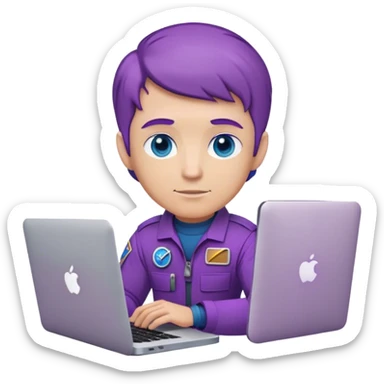 white guy astronaut with purple suit, blue eyes, short purple hair and one macbook sticker