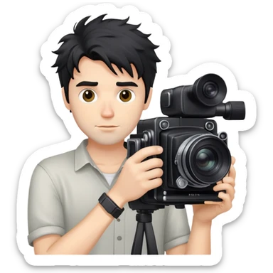 a white man with black messy hair holding a foto camera sticker