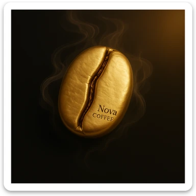 Recreate the golden coffee bean with the exact same shape and orientation as in the reference image, but with much more detail and the highest possible quality. The bean should be highly realistic, clean, minimalist, and luxurious. Add the text 'Nova Coffee' in the lower right area of the bean, using a straight, non-rotated, easy-to-read, premium font. The text should be slightly smaller, subtle, and elegant, enhancing the premium feel without overpowering the design. Retain the soft swirling mist, black background with a soft golden glow in the corners, and transparent edges. sticker
