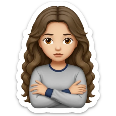 Hispanic light tan girl with long dark wavy hair with arms folded while pouting. Wearing a long sleeve. Hair with middle part. sticker