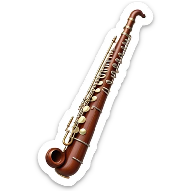 Create a detailed and elegant emoji representing a bassoon. The design should showcase the long, slender wooden body of the bassoon with its distinct curves and metal fittings. Highlight the keywork and metal rings around the joints, with subtle light reflections on the wood to give it a polished appearance. The top of the bassoon should have the characteristic metal bell, and the reed should be clearly visible at the mouthpiece. Use warm wood tones like deep brown and mahogany for the body, with silver or brass accents for the metal parts. Add soft musical notes or soundwaves around the instrument to evoke its rich, deep sound. The background should be transparent. sticker