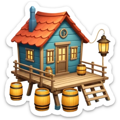 
fisherman house on a wooden pier, small dock, fishing nets hanging, barrels, lantern, ocean vibe, 3D cartoon, cute mobile game icon, clean background, no text
 sticker