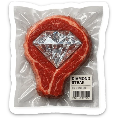 meat steak with sparkling diamond facets, glossy and puffy, vacuum-sealed style sticker