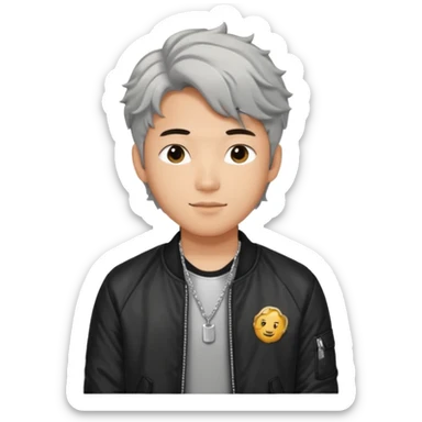 Handsome and cute Asian guy wavy hair, wearing silver necklace, dressed cool in black bomber jacket, demure but with a smirk  sticker