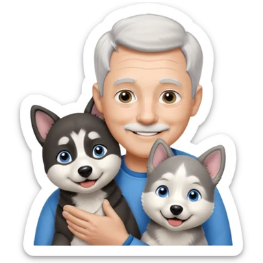 A 60 year old man with blue eyes and short light gray hair and slightly big ears, holding a black and white husky dog with floppy ears and white tuft eyebrows, both smiling sticker