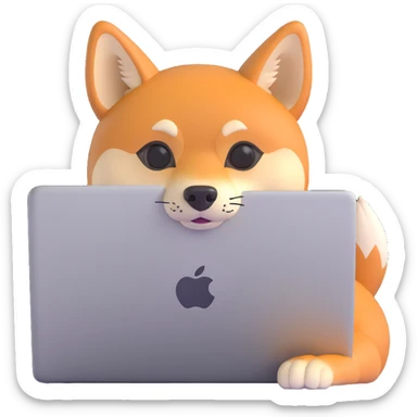 adorable Shiba Inu Horus with tan orange fur and pointy ears, peeking behind a glowing silver MacBook laptop, calm focused expression, modern Apple emoji style, 3D, rounded, soft shadows, glossy, tight framing, white or transparent background, small and expressive like personal assistant icon sticker