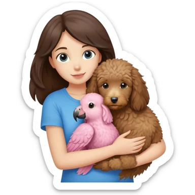 One girl with medium long dark brown hair dressing baby pink T-shirt, hugging One little brown coated labradoodle and a yellow-headed, blue-bellied macaw sticker