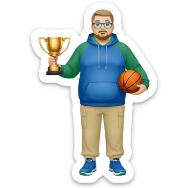 full body white obese male basketball coach with trophy. Goatee , Wearing glasses and blue and green hoodie and khaki pants sticker