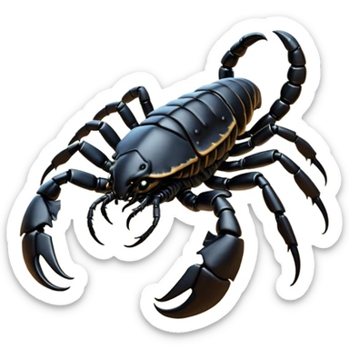 Cinematic Noble Emperor Scorpion Portrait Emoji, Poised and formidable, with a robust, armored build and a glossy, jet-black exoskeleton accented by striking, segmented pincers, deep-set piercing eyes, Simplified yet sharp and sophisticated features, highly detailed, glowing with a cool, dignified glow, high shine, intelligent and imposing, stylized with an air of ancient desert majesty, focused and attentive, soft glowing outline, capturing the essence of a watchful and commanding scorpion that feels as though it could silently creep out of the screen with effortless authority! sticker