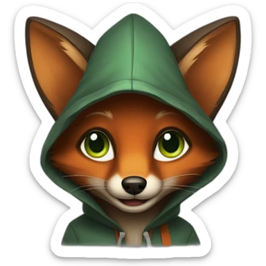 small dark brown fox with orange eyes and a dark green hood that smile sticker