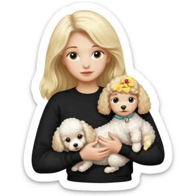 blonde girl with long hair in a black sweater holds a Poodle puppy in her arms sticker
