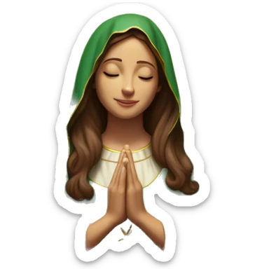 Virgin Mary: kind face looking down at the left, long brown hair, Wearing an emerald green  robe with gold stars and a burgundy red dress,  Hands in prayer or blessing. Halo around her head. standing in front of a big sun. colorful roses on the sides  sticker