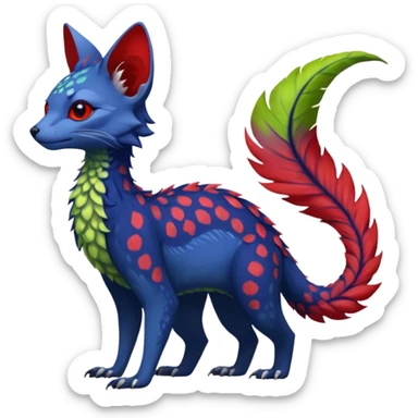 Feral Rare Fantasy vibrant tropical red and indigo and lime-collred Vernid-Trico-species-creature by LiLaiRa, random markings, tufted tail, tufted ears, full body sticker