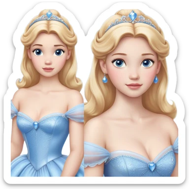 Cinematic Realistic Cinderella Portrait, depicted with lifelike skin texture, subtle rosy undertones, and soft natural lighting that enhances the gentle contours of her face. Her intricately detailed golden blonde hair is elegantly styled in an updo, with delicate wisps framing her face for added realism. Her deep, expressive blue eyes radiate warmth and sincerity, reflecting a quiet resilience and grace. She is dressed in her iconic ball gown, the fabric shimmering with intricate embroidery and fine translucent layers that catch the light beautifully. The soft sheen of satin gloves and the delicate sparkle of a glass-like slipper peeking from beneath her dress add a touch of magical realism. The portrait features an enchanting glow with a natural, luminous finish, seamlessly blending realism and fairytale charm to evoke a sense of depth, elegance, and timeless beauty. sticker
