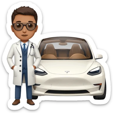 White tesla model 3 with a cool physician with sunglasses next to it sticker