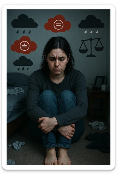 Donna tra i 25 e i 35 anni seduta da sola in una stanza, con lo sguardo basso e un’espressione di frustrazione e stanchezza. Sul volto si notano peli visibili sul mento e sopra il labbro, simbolo di irsutismo. Intorno a lei, l’ambiente appare disordinato, con luci fredde e atmosfera pesante. In trasparenza, simboli stilizzati di sbalzi d’umore (nuvole scure e rosse alternate a simboli di calma), e una bilancia emotiva sbilanciata. Le mani stringono le gambe, in gesto di disagio fisico ed emotivo. Colori cupi con accenti contrastanti. Stile realistico con elementi simbolici sticker